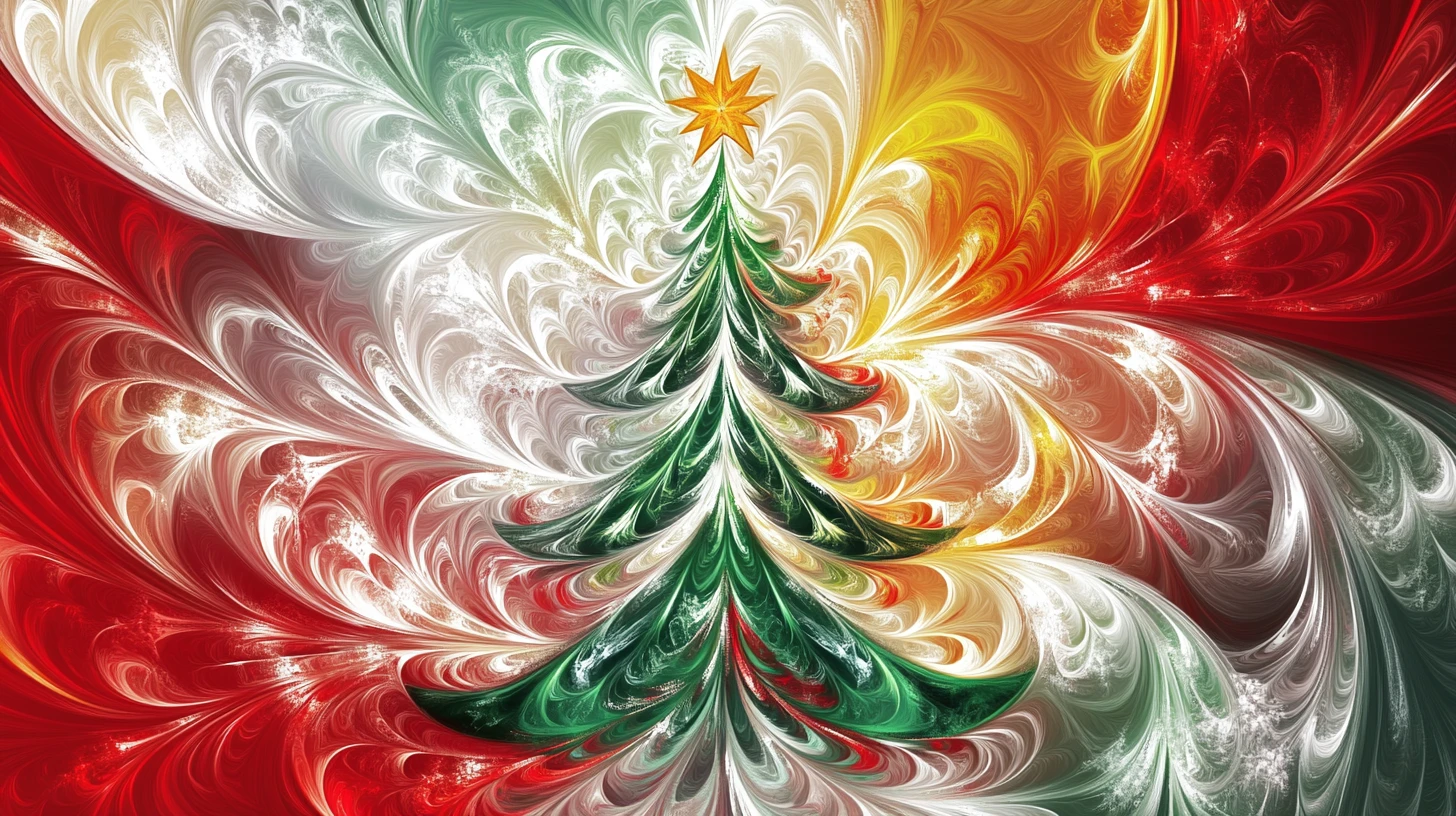 Calligraphy style green Christmas tree with colorful swirls