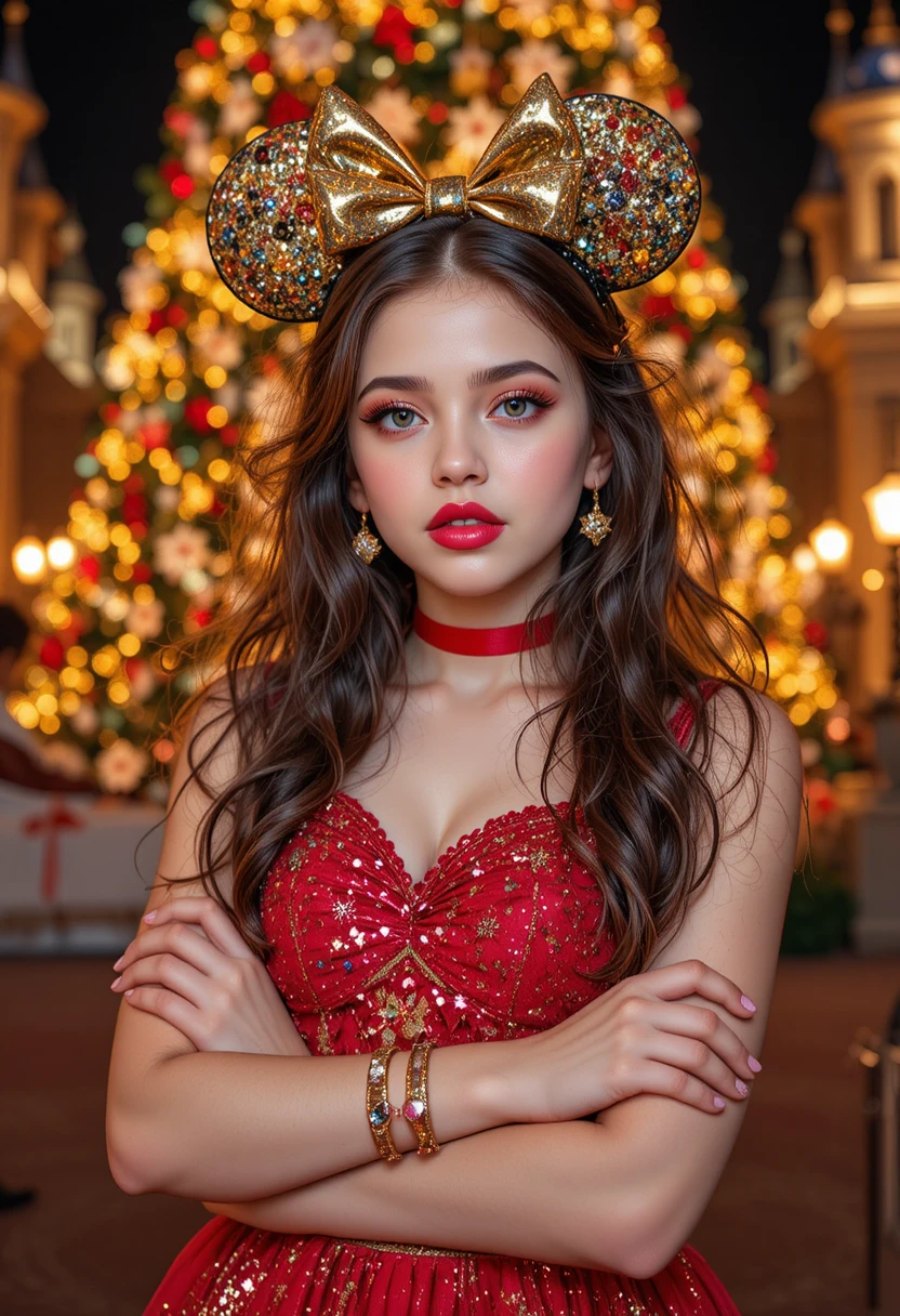 Schüchterner Tween im roten Kleid neben leuchtendem Weihnachtsbaum