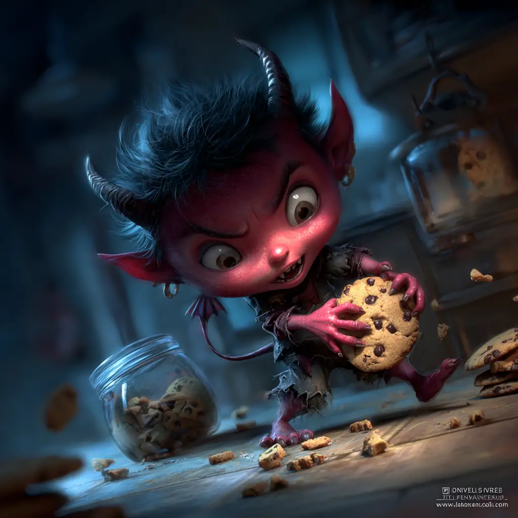 Mischievous red imp toddler stealing a kitchen cookie