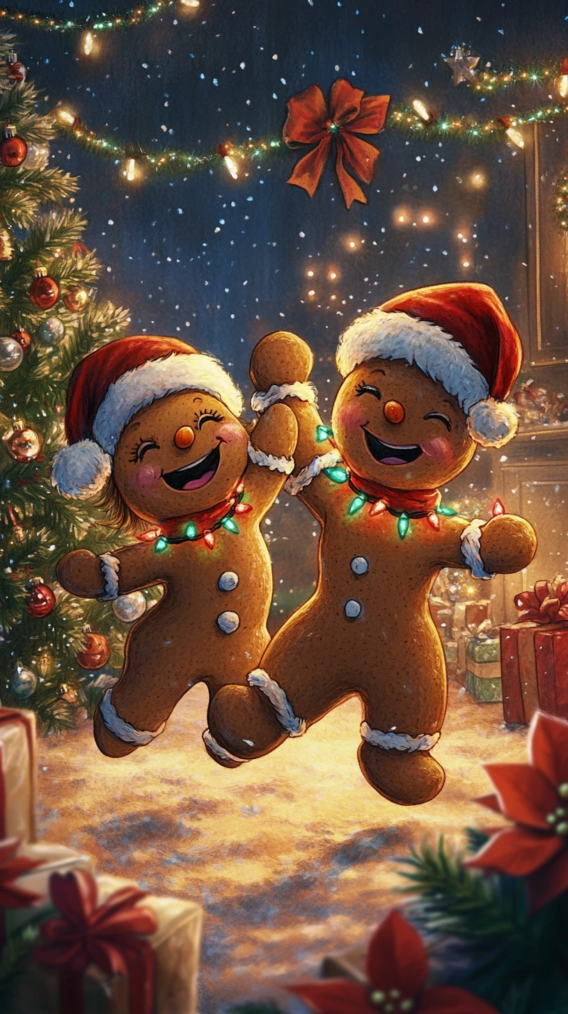 Pareja de galletas de jengibre bailando junto a un árbol de Navidad iluminado