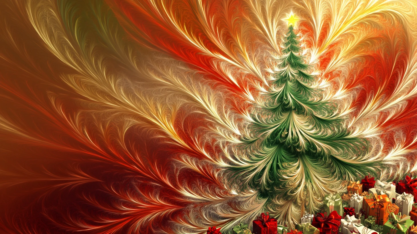 Calligraphy style green Christmas tree with colorful swirls