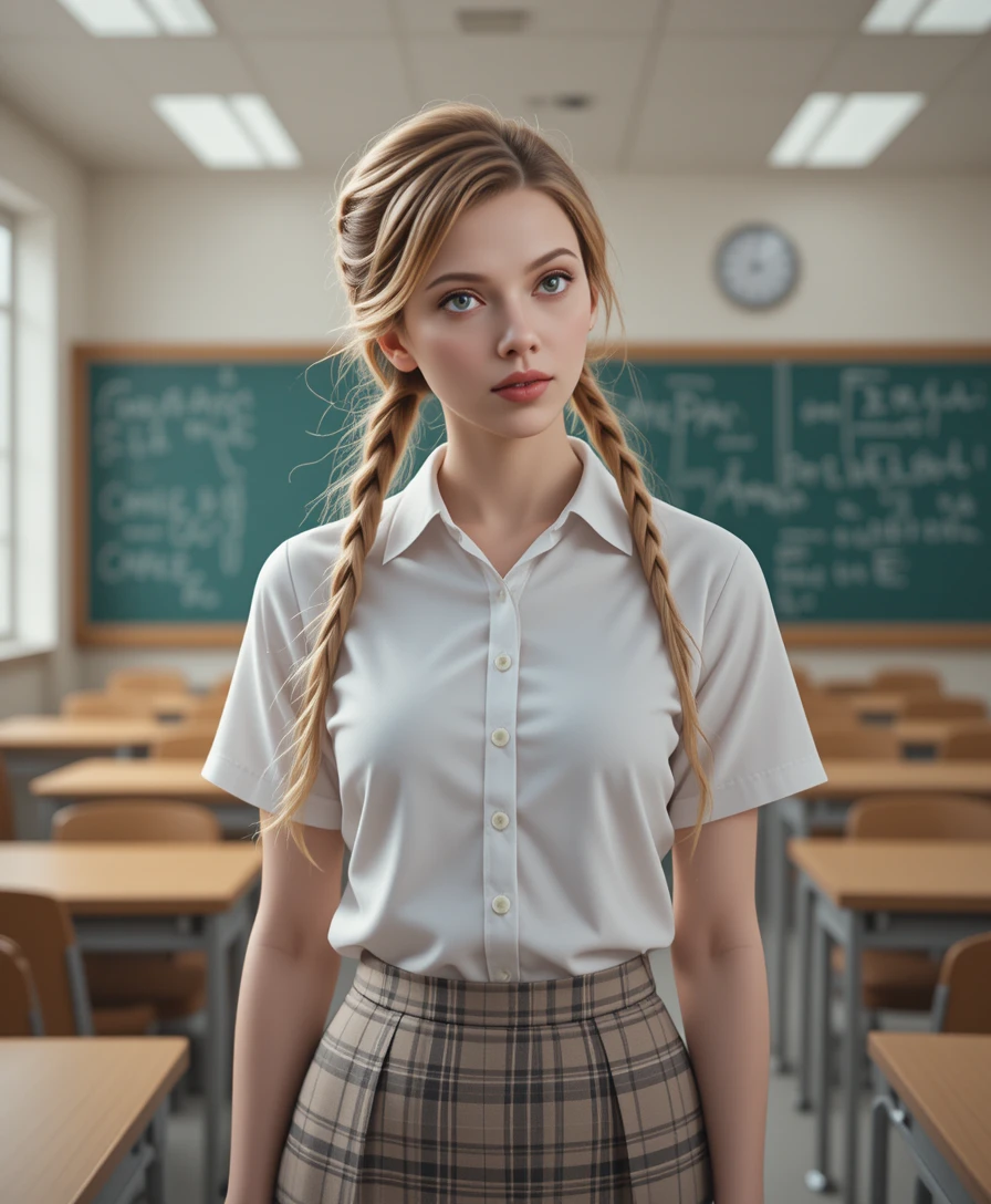 Confident schoolgirl standing in a bright modern classroom