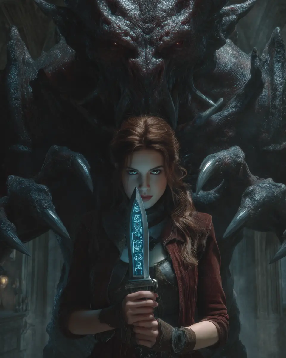 Warrior woman facing shadow demon in gothic victorian hall