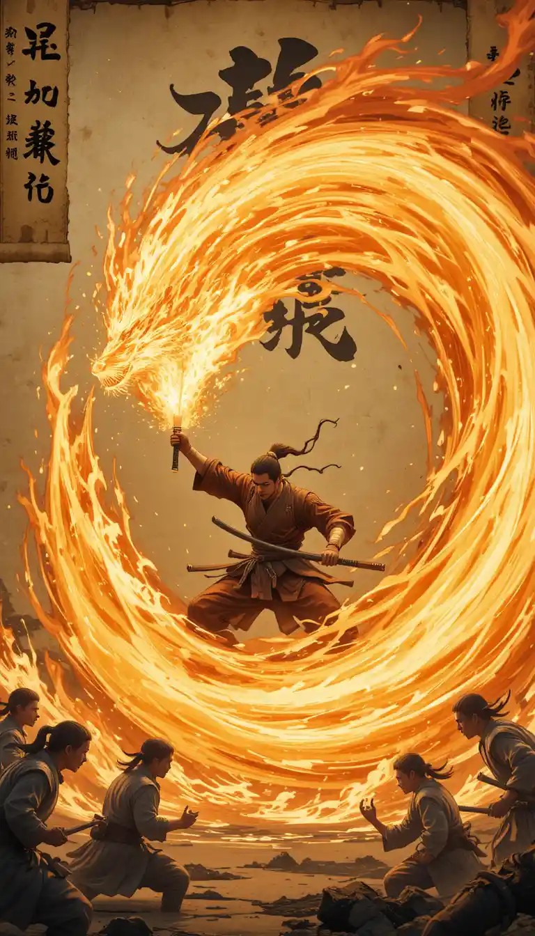 Guerriero anime che scatena un drago di fuoco a spirale