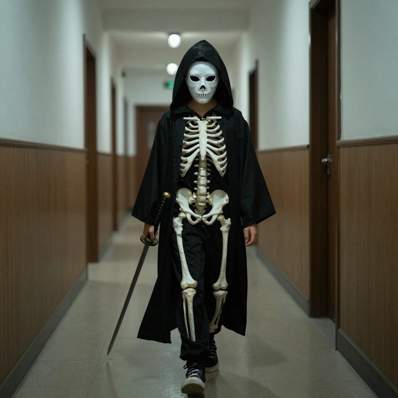 Hooded boy with skeleton robe creeps through school corridor
