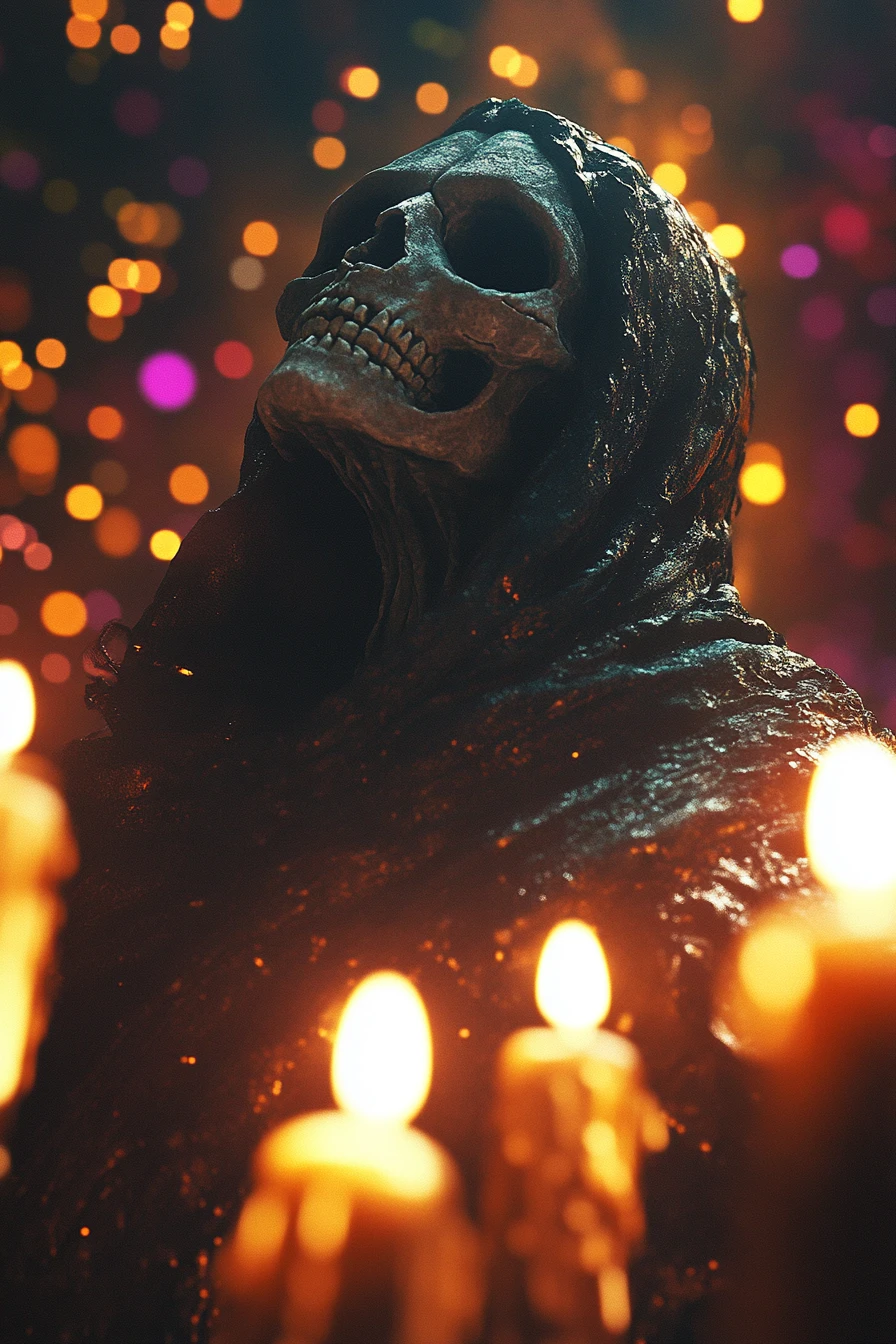 Grim reaper in candlelit occult ritual digital illustration