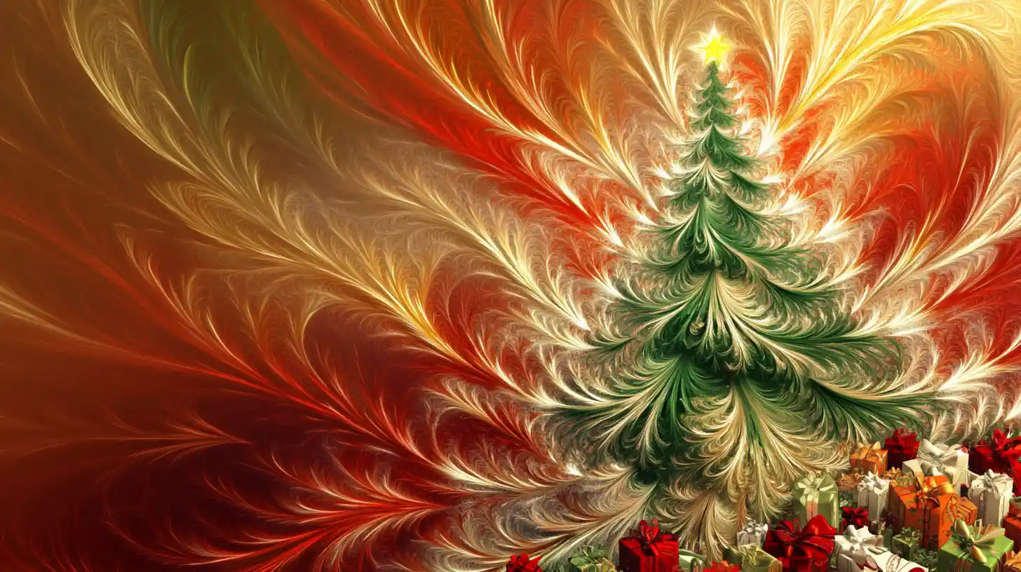 Calligraphy style green Christmas tree with colorful swirls