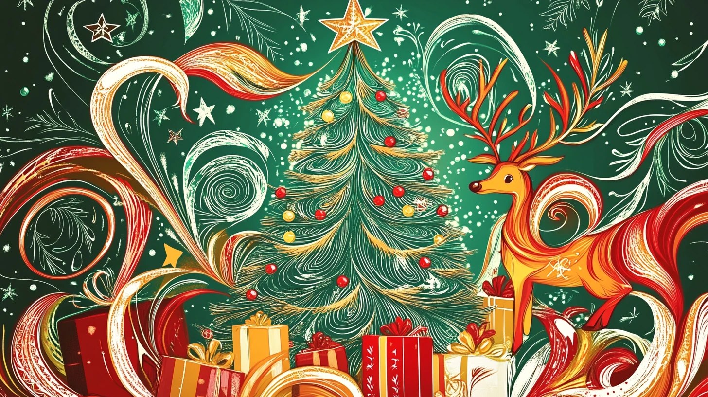 Albero di Natale verde in stile calligrafico con vortici colorati