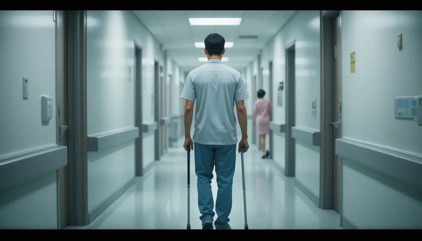 Man with crutch in quiet taiwan hospital corridor