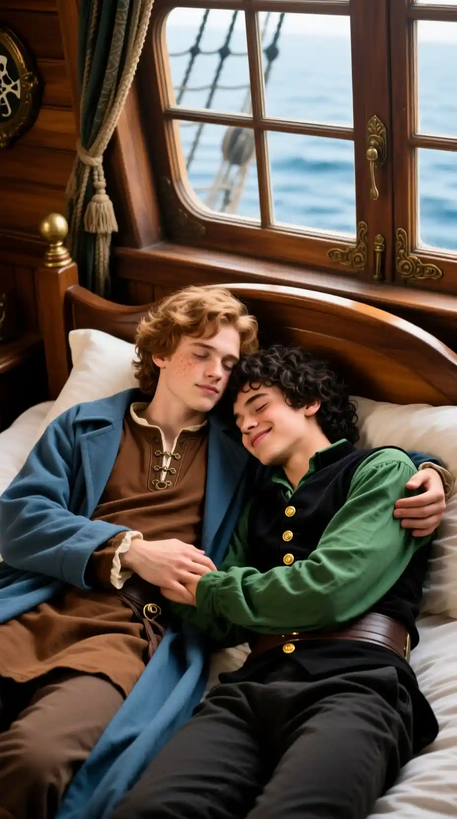 Two young men cuddling in a wooden pirate ship cabin