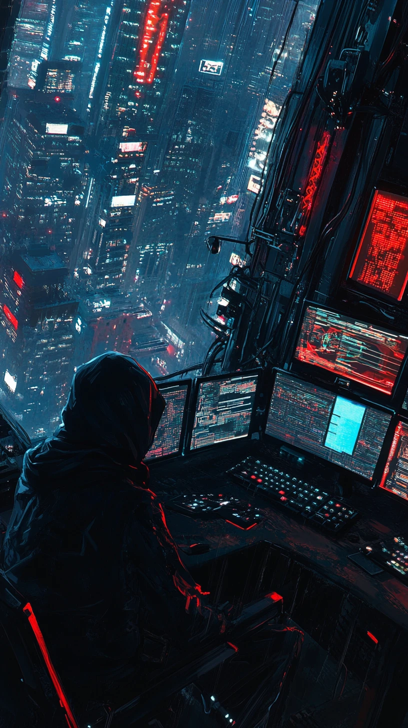 Hacker incappucciato in una sala di controllo cyberpunk illuminata al neon