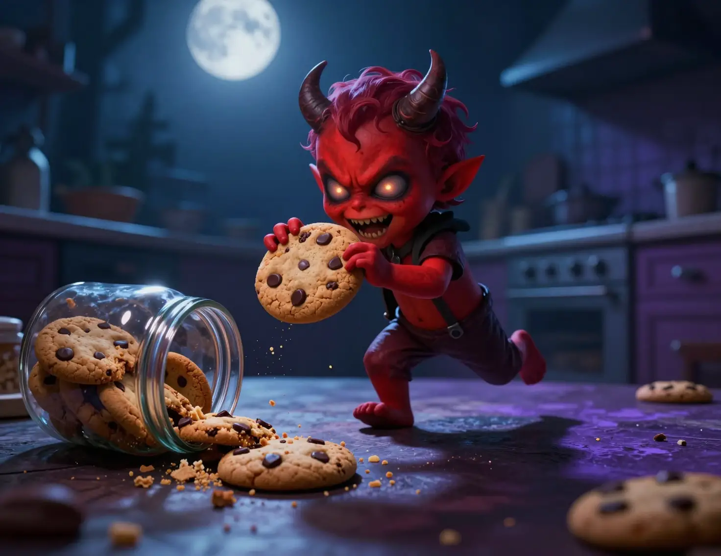 Mischievous red imp toddler stealing a cookie at night