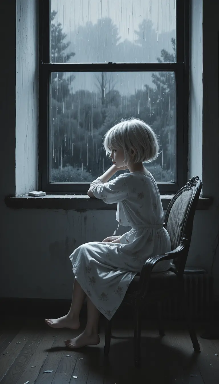 Young girl in a dark apartment staring out rainy window