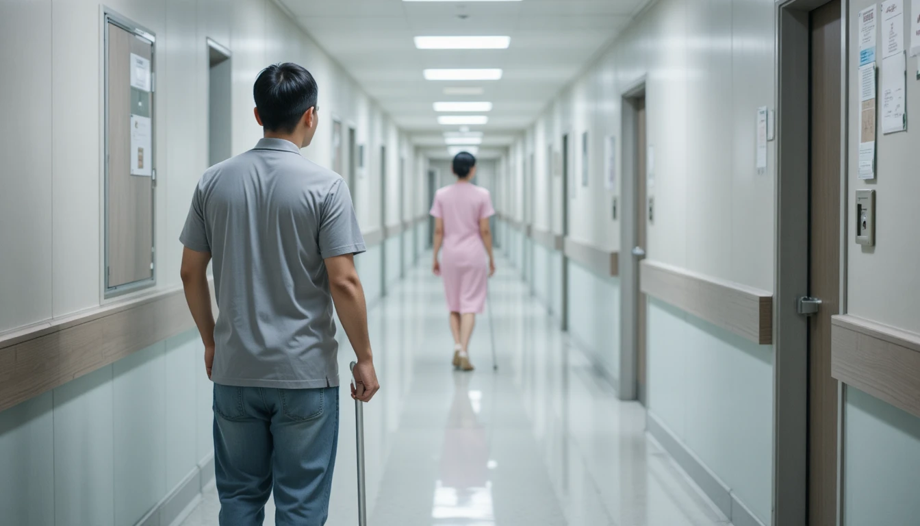 Man with crutch in quiet hospital corridor in Taiwan