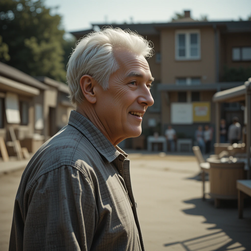 Elderly man smiling in profile by a school playground