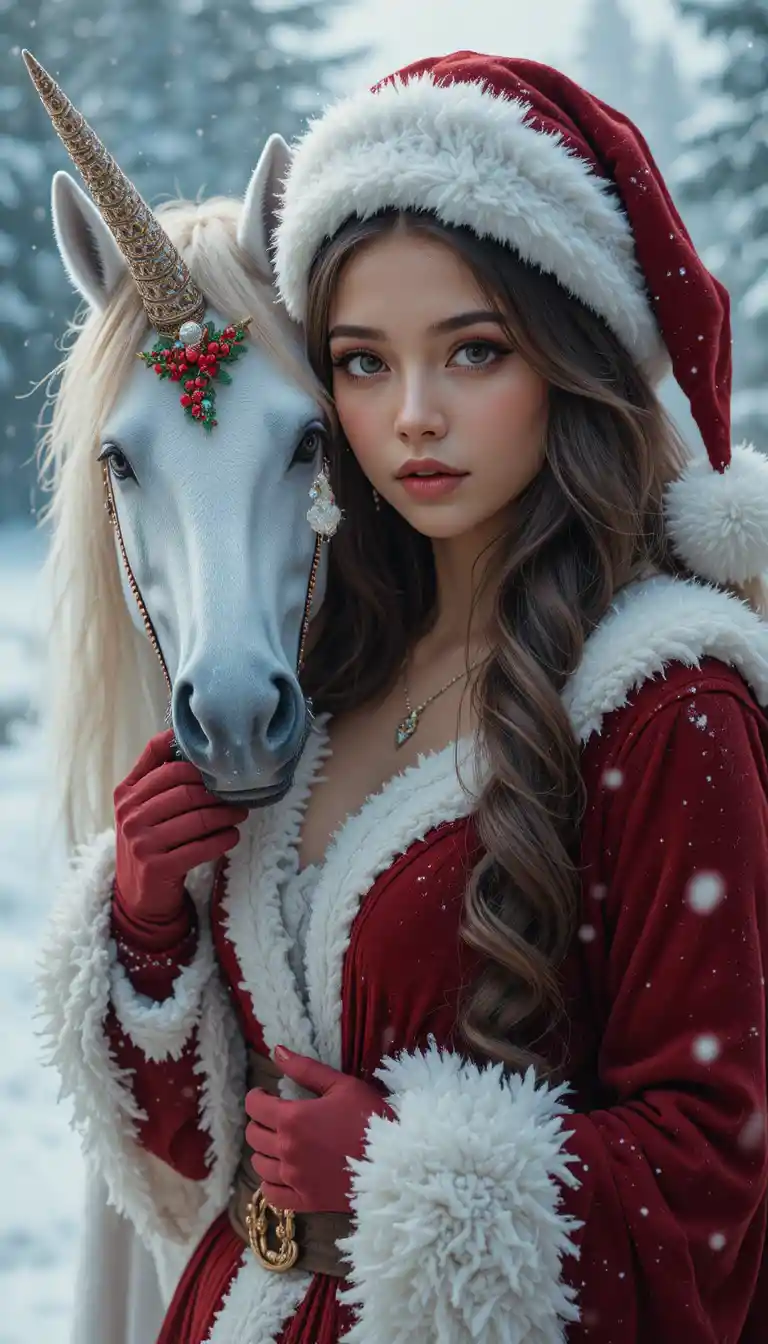 Bellissima donna di Natale con unicorno in paesaggio innevato