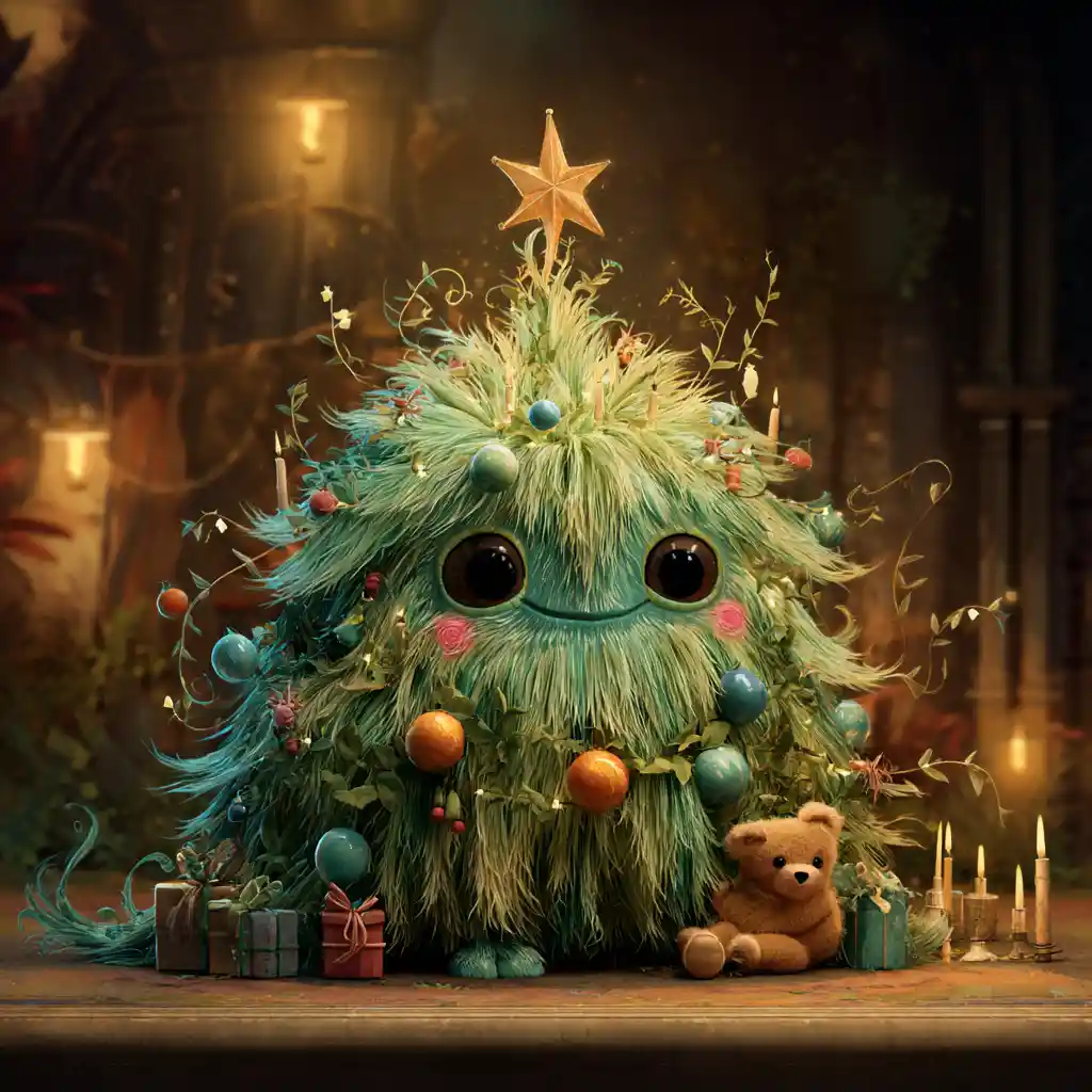 Cute Christmas tree creature with teddy bear in cozy room