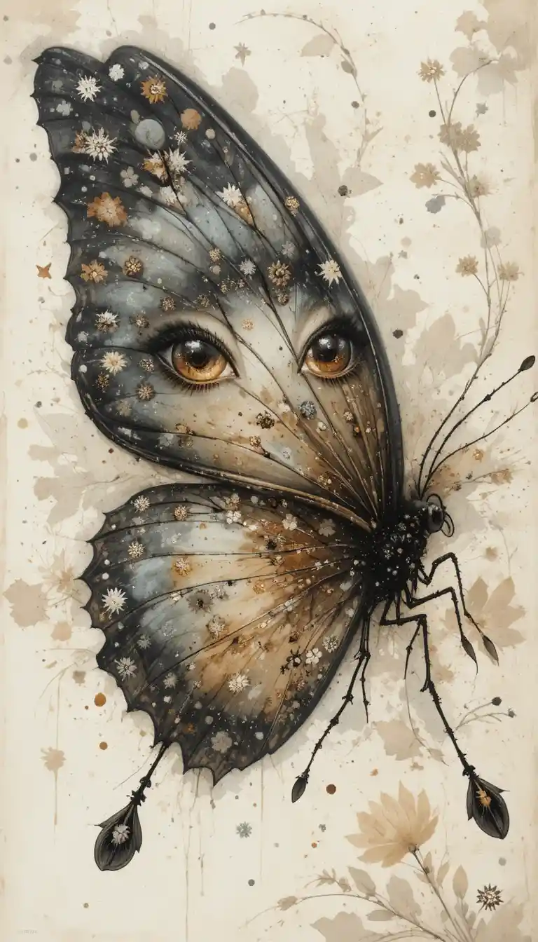 Aquarell-Schmetterling mit sanftem Lächeln auf elfenbeinfarbenem Hintergrund