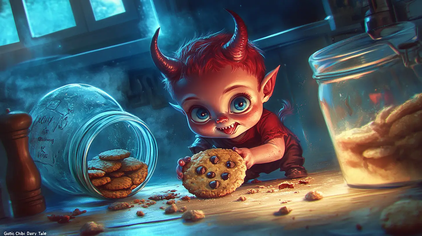 Imp toddler stealing cookies in a moonlit gothic kitchen