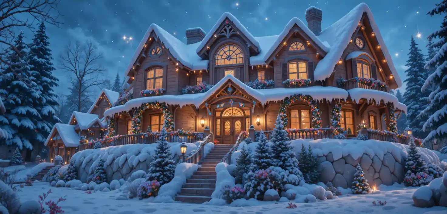 Minuscules personnages escaladant l’extérieur d’une immense maison festive