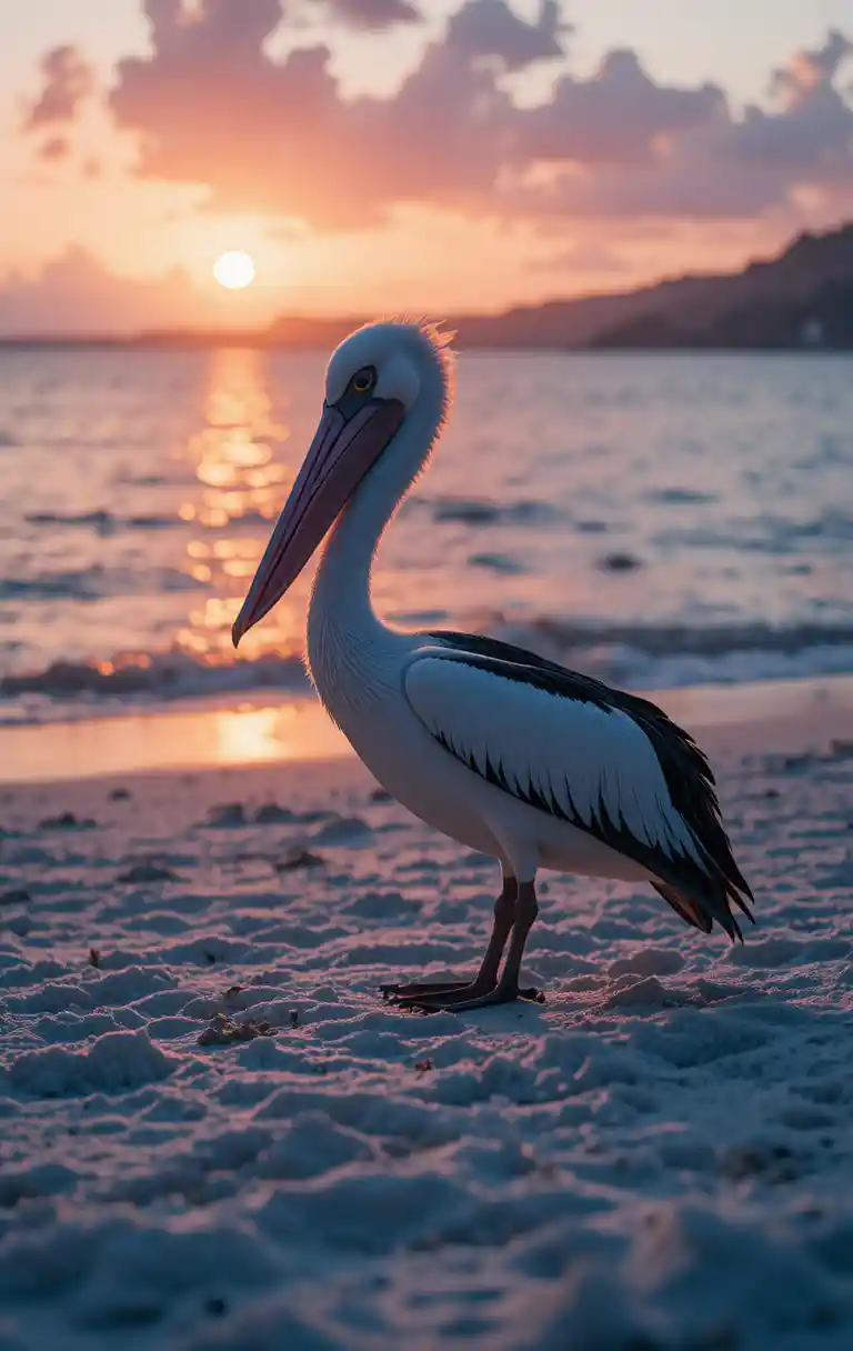 Pelican on a sunlit beach at glowing sunset horizon
