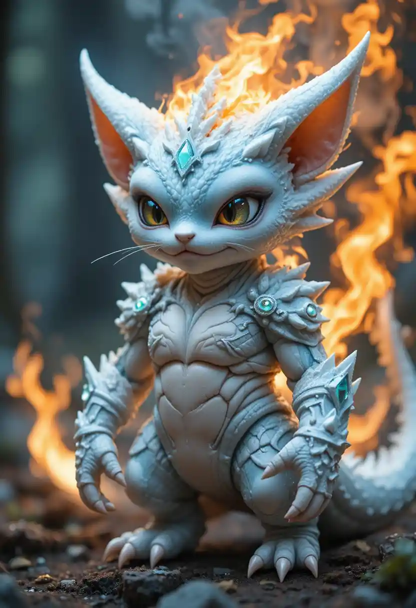 Cute fantasy forest creature in snowflake armor close up
