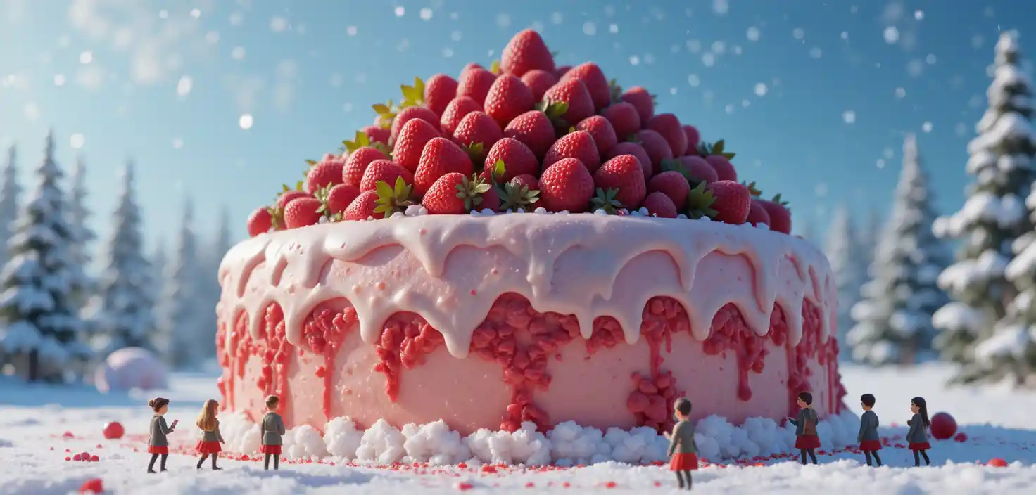 Pequeños personajes escalando una enorme tarta de Navidad de fresa