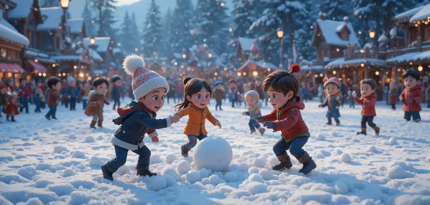 Fröhliche Kinder in einer riesigen Schneeballschlacht im Winter