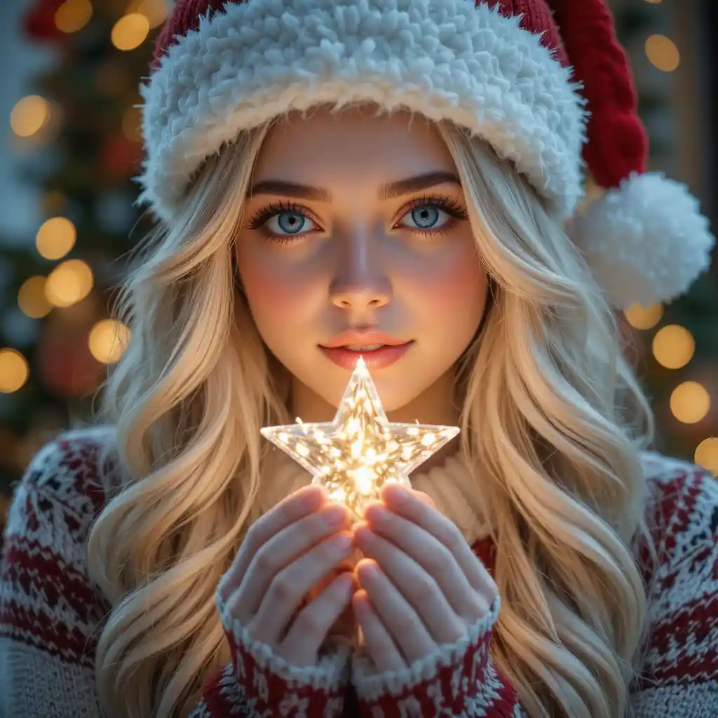 Junge Frau hält einen leuchtenden Stern neben einem Weihnachtsbaum