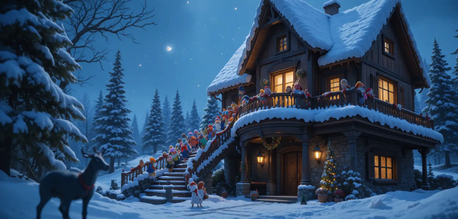 Tiny characters climbing a huge house with santa claus