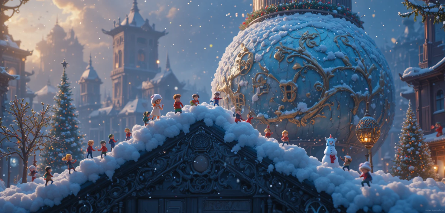 Piccoli scalatori che risalgono un enorme tacchino arrosto di Natale in stile Pixar