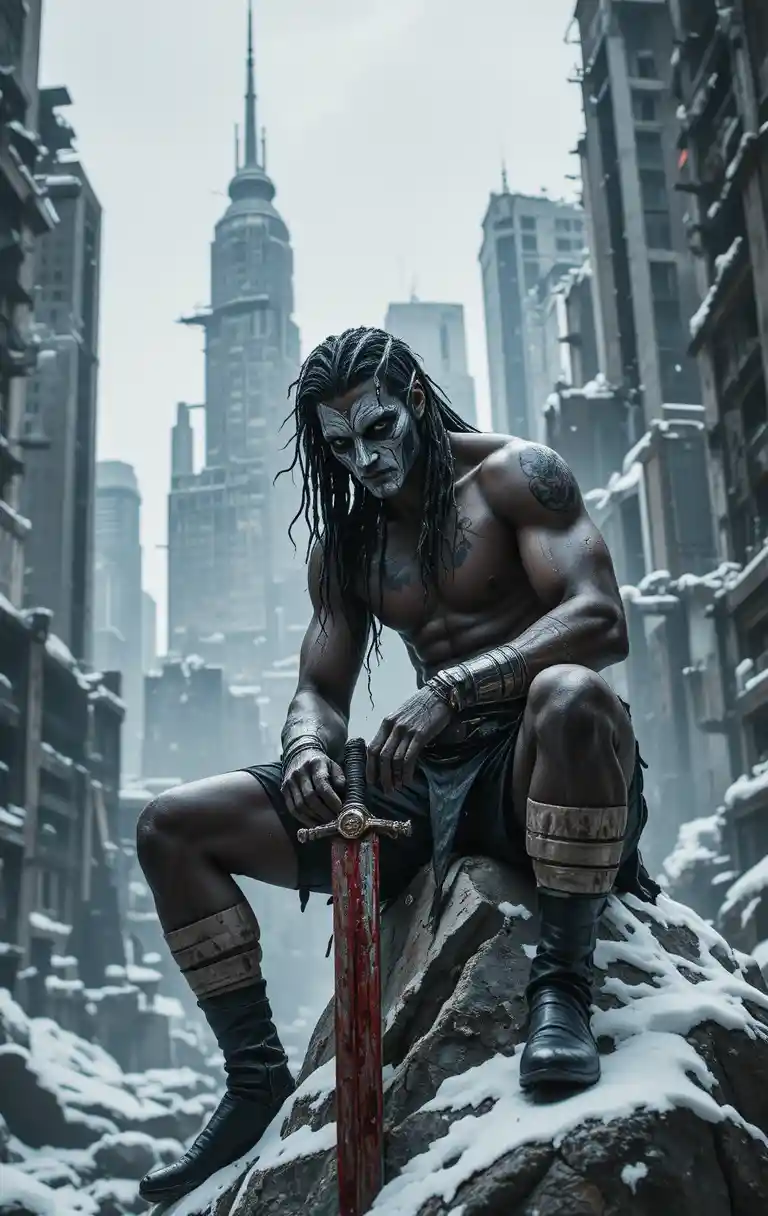 Guerrier au Masque Tribal Se Reposant dans une Ville Enneigée en Ruines