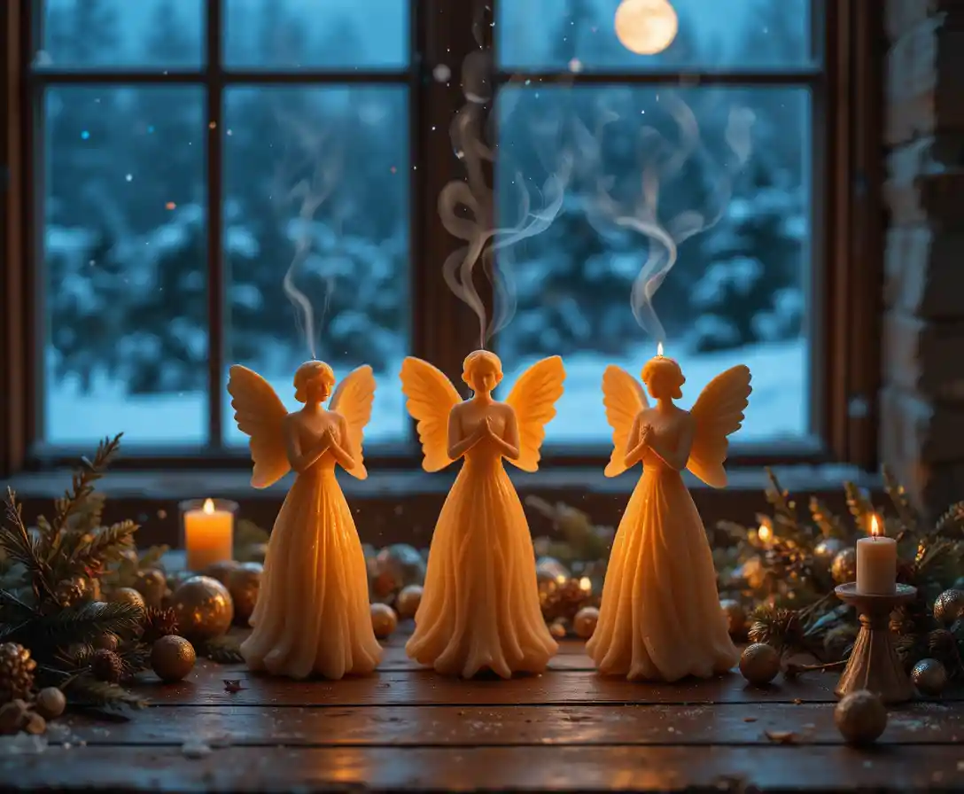 Engelkerzen auf rustikalem Tisch in stiller Weihnachtsnacht
