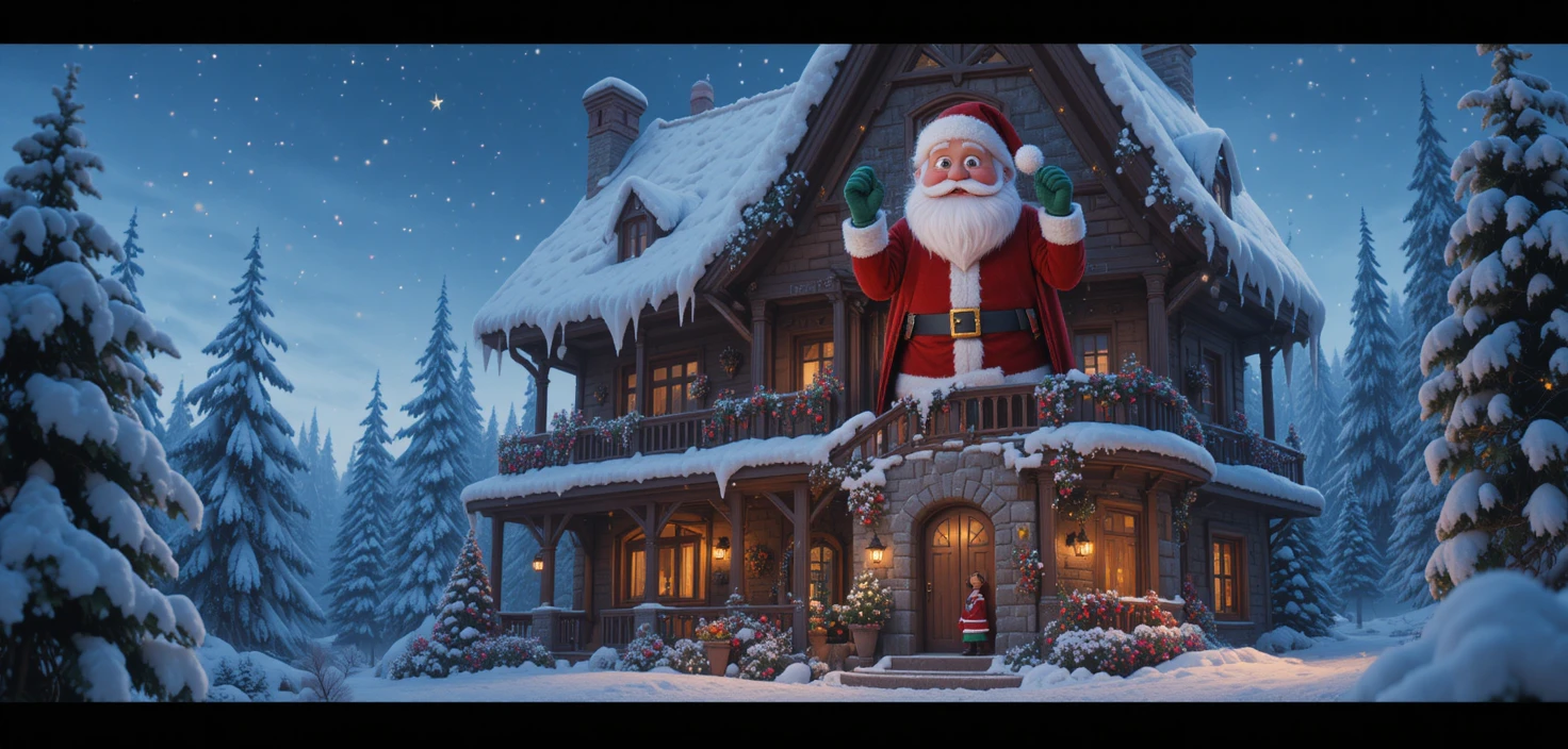 Minuscules personnages escaladant une maison géante avec le Père Noël