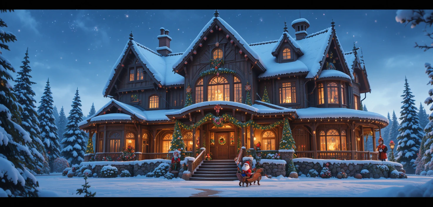 巨大なクリスマスデコレーションの家をよじ登る小さなキャラクターたち