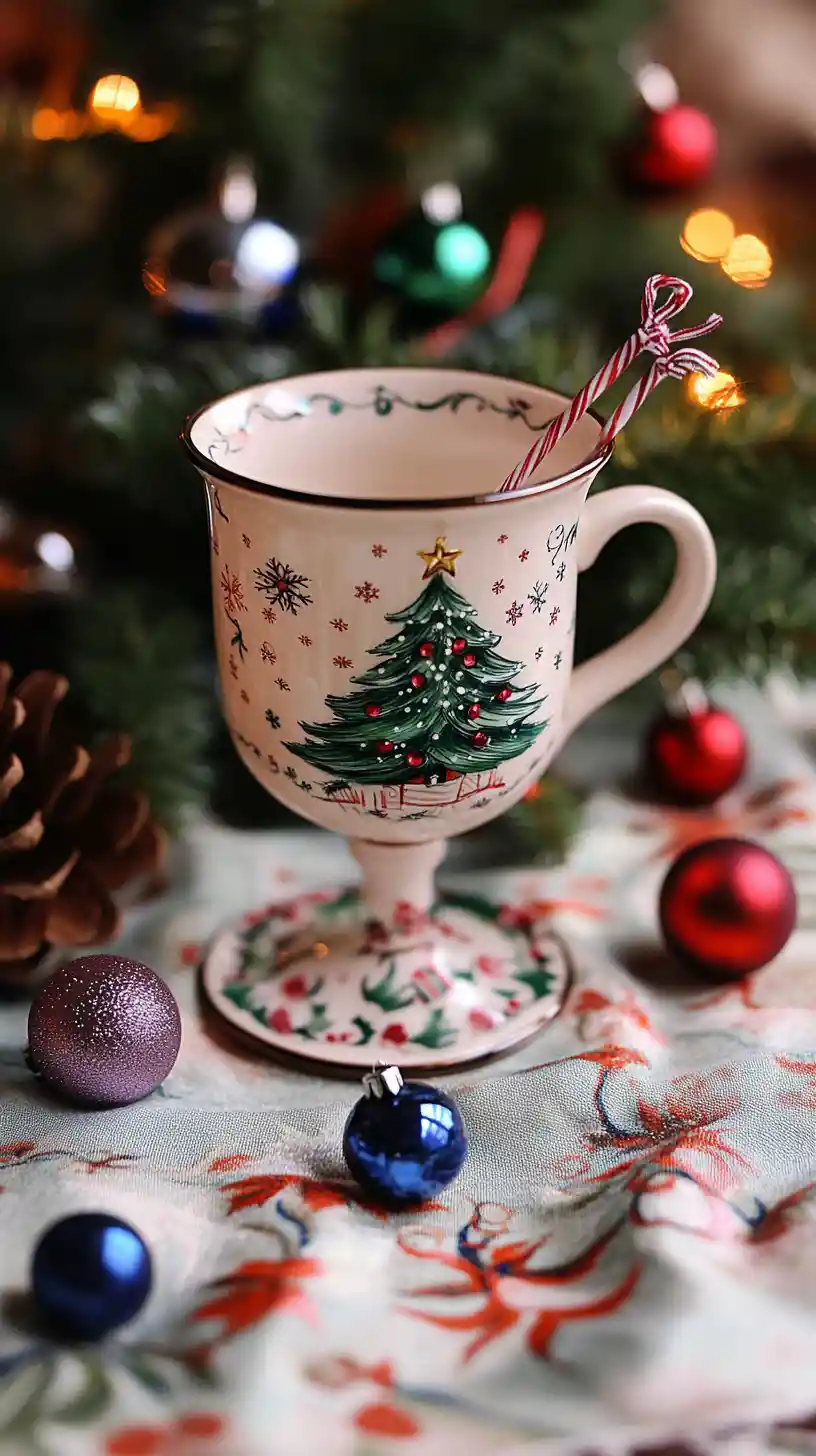 Decoração de mesa de Natal com caneca e taça de vinho festiva