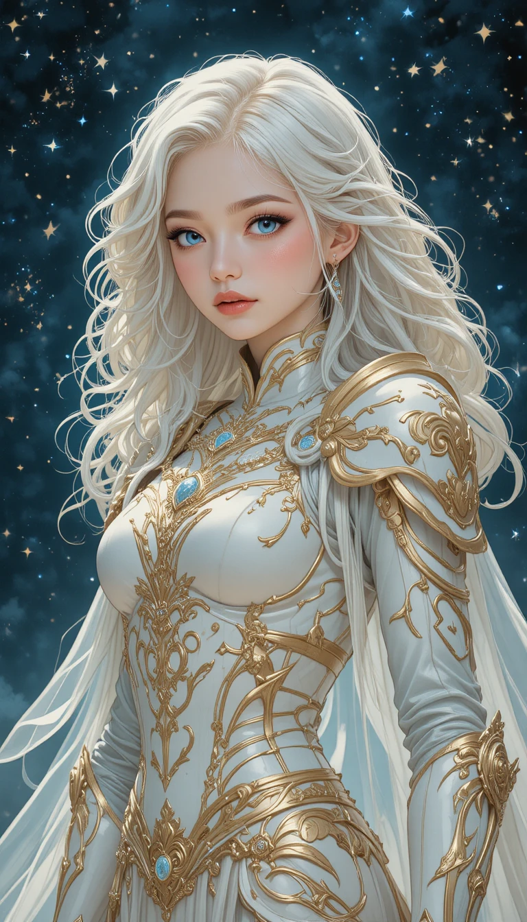 Fantasy armored woman under a star filled night sky