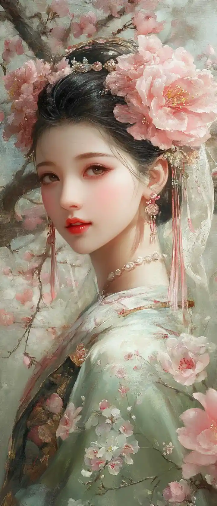 Dreamy baroque fantasy woman with flowers and clouds