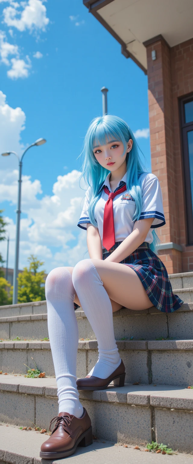 Young blue haired girl in school uniform on steps