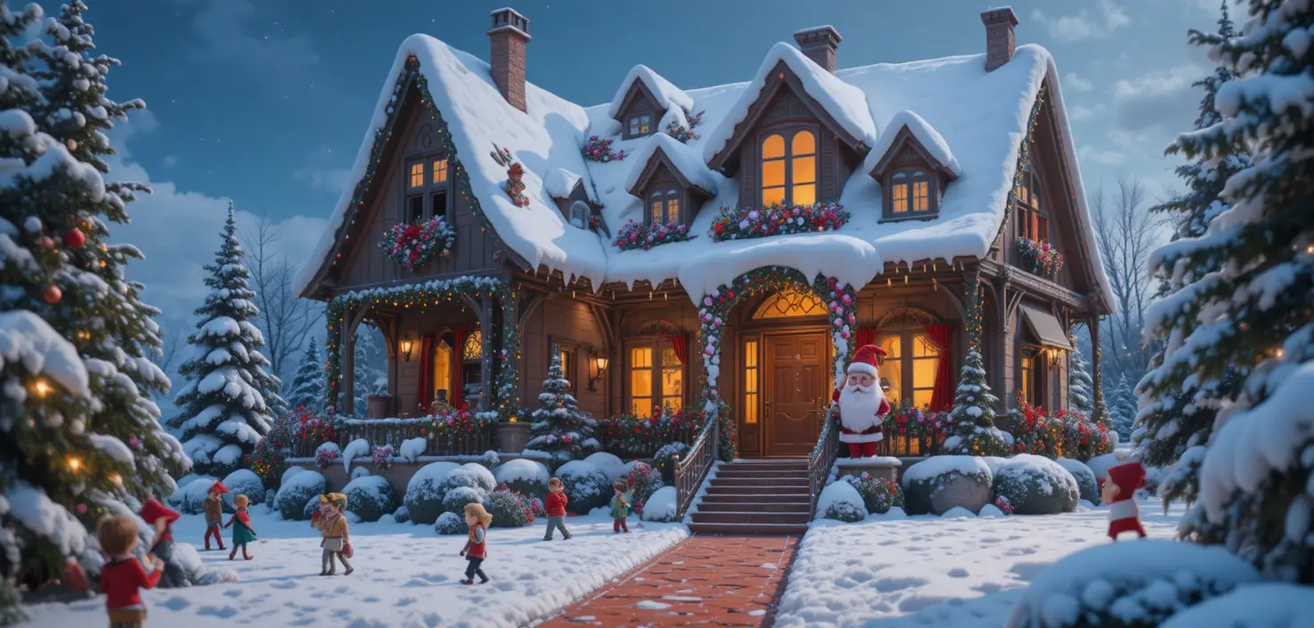Tiny characters climbing a huge Christmas house exterior