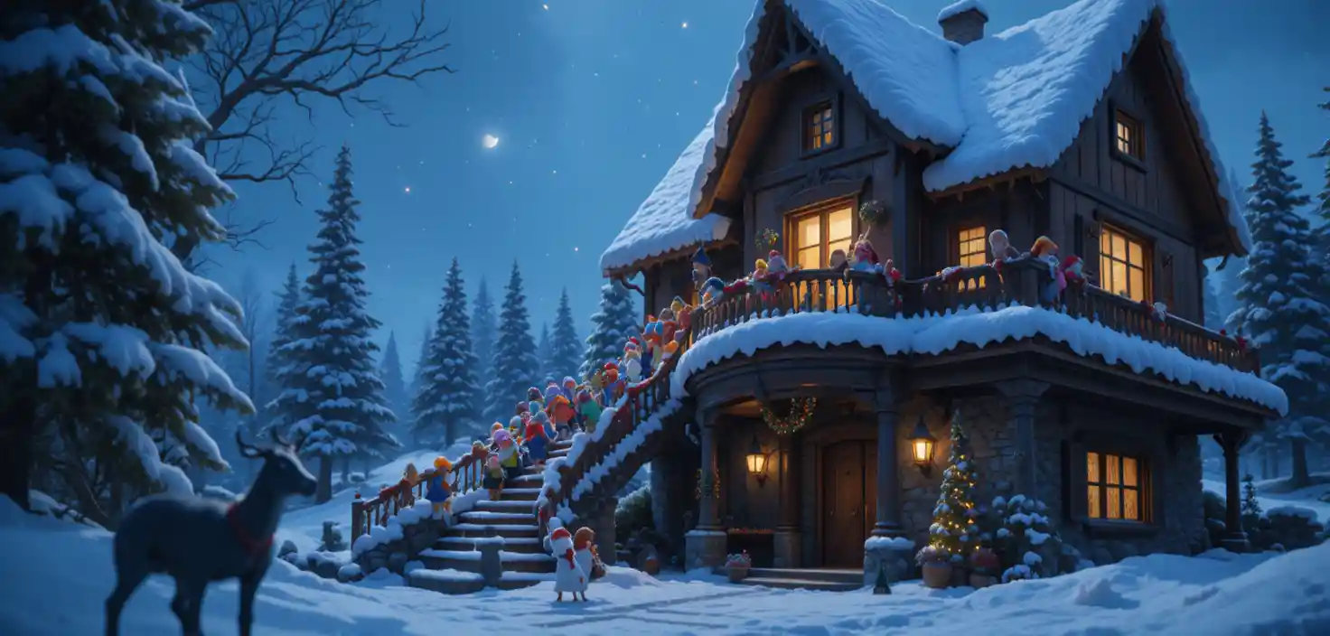 Minuscules personnages escaladant une immense maison avec le Père Noël