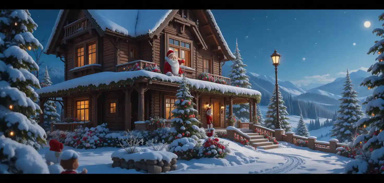 Personagens minúsculos escalando uma casa gigante com o Papai Noel