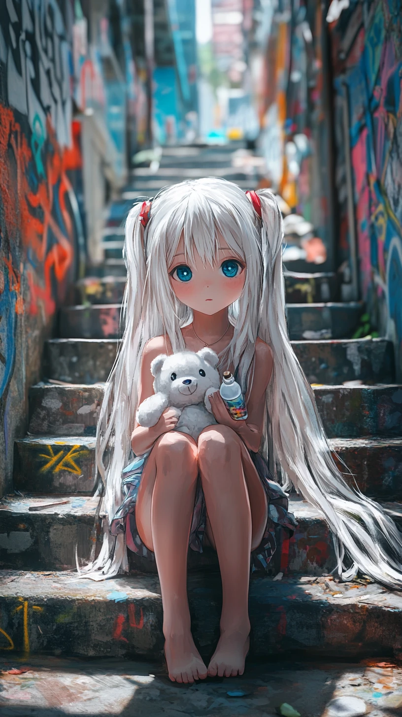 White haired anime girl on graffiti covered concrete steps