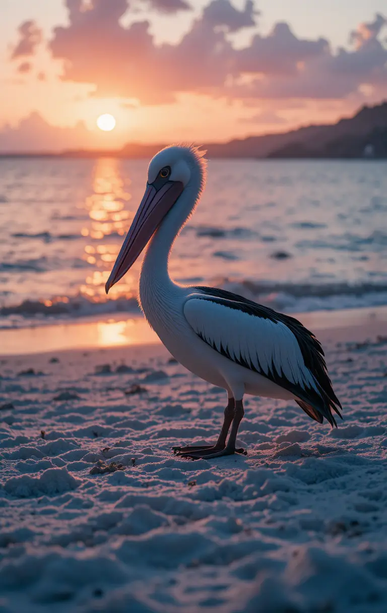 Pelican on a sunlit beach at glowing sunset horizon