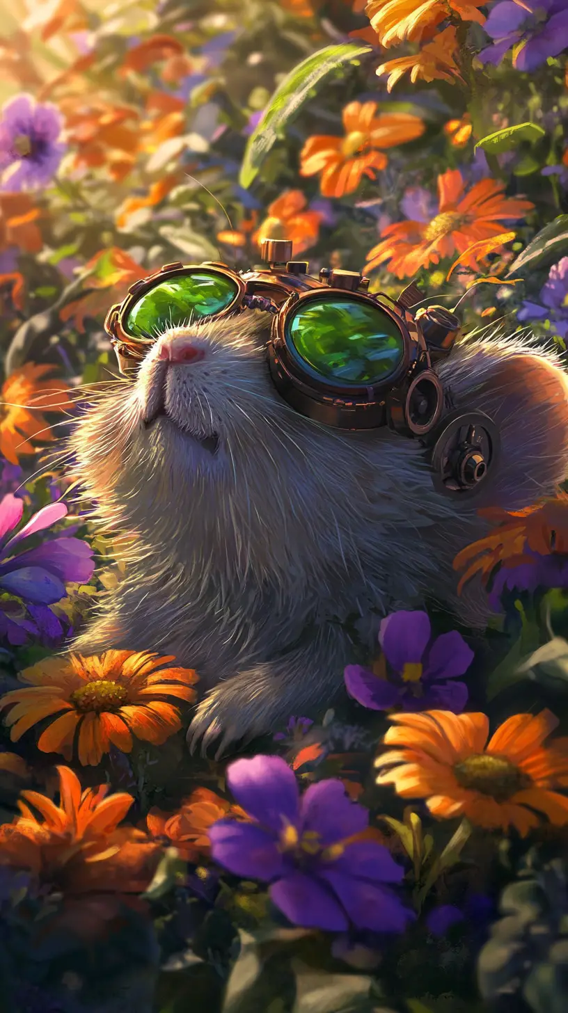 Cute rodent in sunglasses among colorful christmas flowers