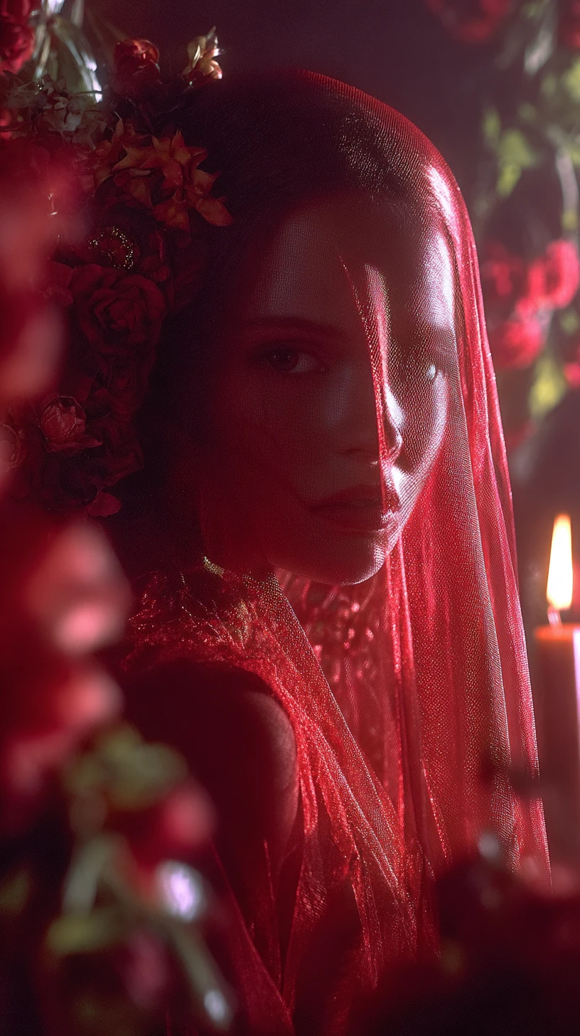 Veiled killer spirit in red gown lit by candlelight