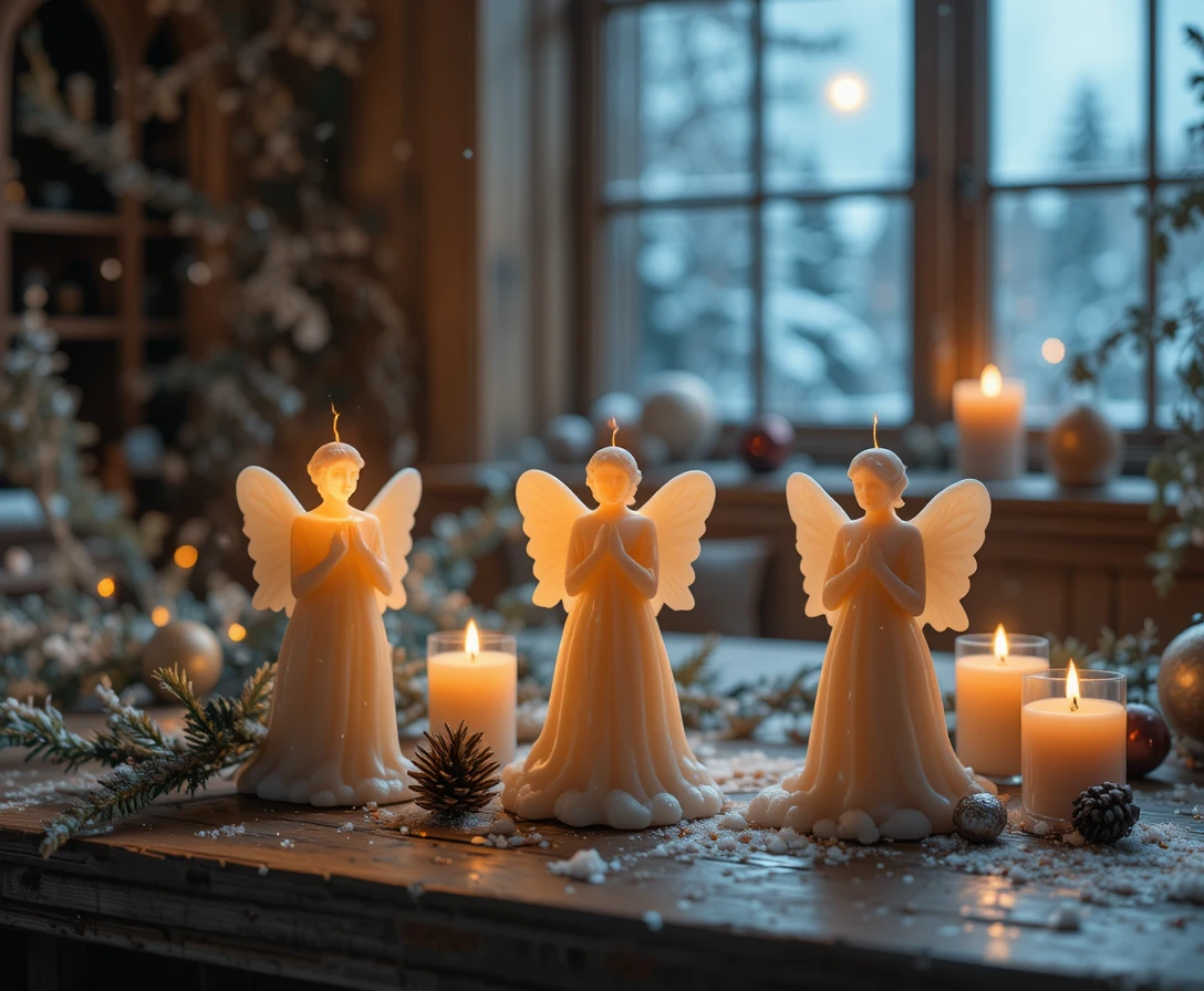 Bougies anges sur une table rustique la nuit de Noël