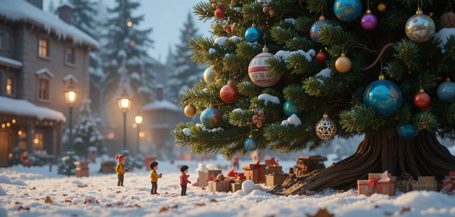 Tiny characters climbing a gigantic outdoor Christmas tree