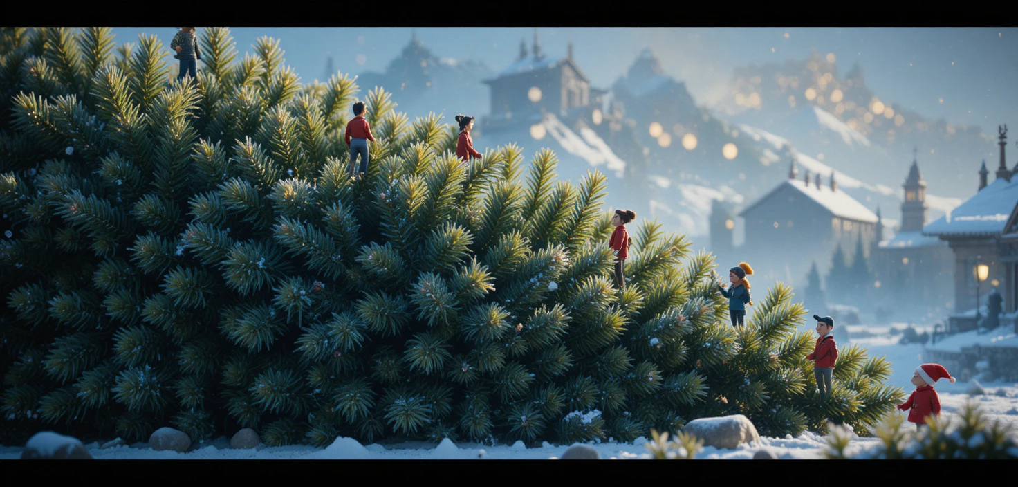 Tiny characters climbing a giant Christmas tree at night
