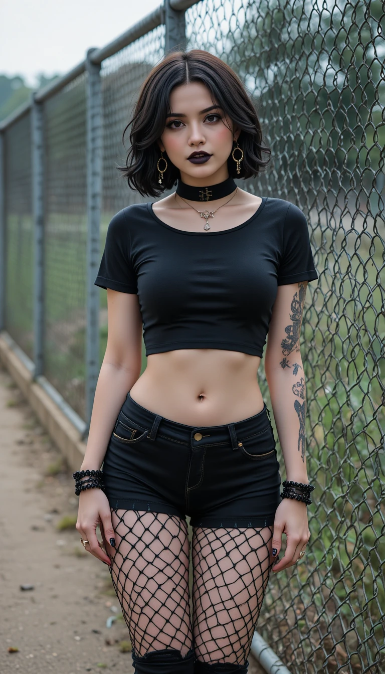 Gothic girl with tattoos standing by a chain link fence